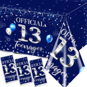 GREHUMOR 3pcs 13th Birthday Tablecloth Silver Blue Happy Birthday Decorations for Boy 13 Years Old Party Supplies Disposable Plastic Waterproof Table Cover