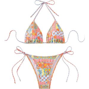 QJQ Women's 2 Piece Bikini Sets Floral Boho Halter Triangle Bathing Suit Tie Side Sexy Cheeky String Swimsuit (Orange) Small 