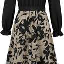 Women's Vintage Floral Print A-Line Dress Lantern Long Sleeve Belted Boho Beach Long Dress  Large