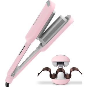 Curling Iron Hair Crimper Waver - TYMO ROVY Beach Waves Curling Wand, Ionic Deep Waver Hair Curler Tool with Ceramic 3 Barrel for Women, Dual Voltage, Anti-Scald, Easy to Use, Pink, 1.25 Inch