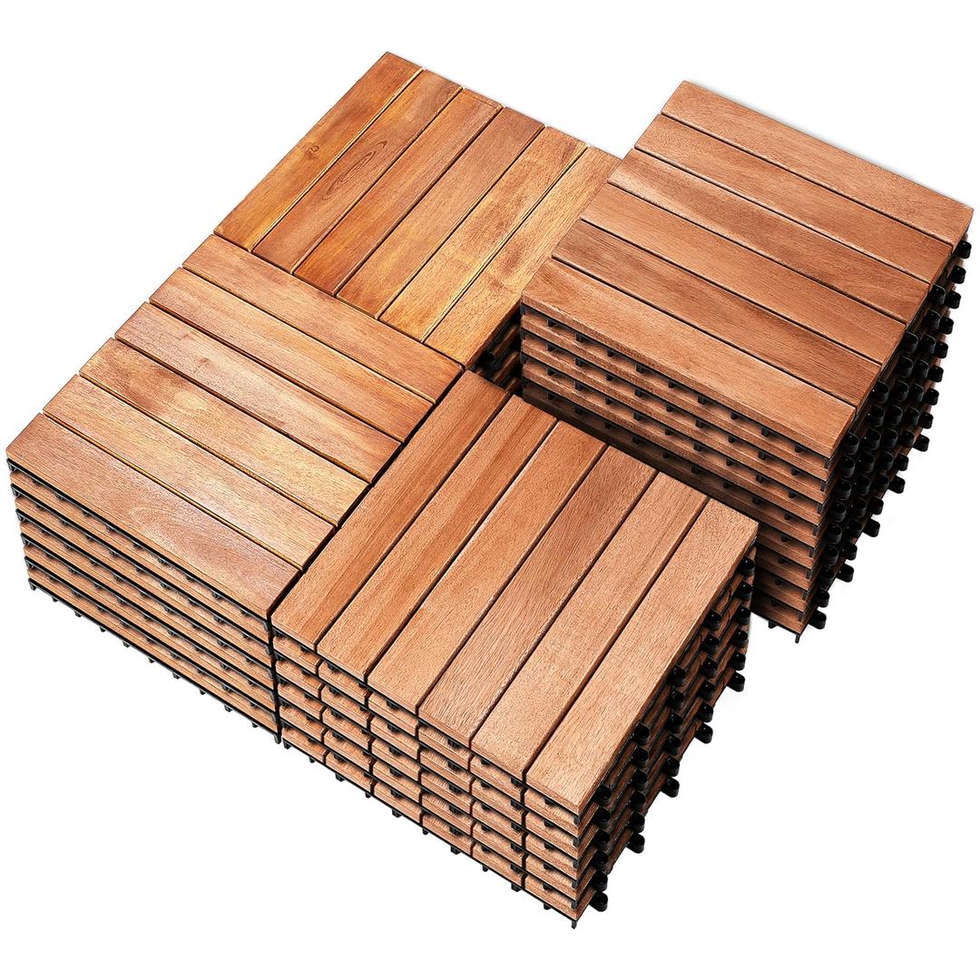 PrimeZone 27 PCS Solid Acacia Wood Interlocking Patio Deck Tiles - 12" x 12" Indoor Outdoor Waterproof Flooring Tiles for Balcony, Backyard, Garden & Poolside, All Weather Use, Natural Wood