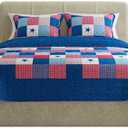 Lavish Home 2-Piece Caroline Patriotic Quilt Set – Microfiber Americana Stars and Plaid Patchwork Blanket Bed Set with Sham – Home Bedding (Twin)