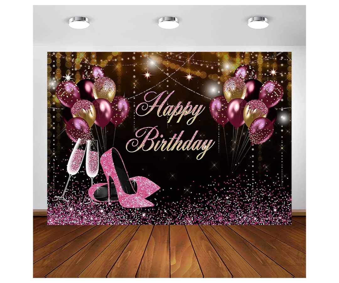 Avezano Black Gold Pink Glitters Birthday Backdrop for Girl Women Photoshoot Happy Birthday Party Banner High Heels Champagne Pink Golden Balloons Decorations Photography Background (7x5ft)