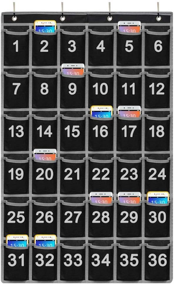 Numbered Classroom Pocket Chart for Cellphone and Calculator Holder, 36 Hanging Wall or Door Organizer