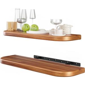 BATODA 24" Acacia Wood Floating Shelves Wall Mounted (Round Edge)  Rustic Farmhouse Wooden Wall Storage Shelf for Bedroom, Kitchen - Brackets and Shelving Hardware Included (Acacia,24 Inch Length) (24 Inch Length, Acacia)