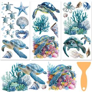 3 Sheets Sea Rub on Transfer Stickers for Furniture and Crafts Sea Turtles Wall Stickers Waterproof Transfer Decals Sticker Marine Animal Transfer Sticker for Dresser Glass Wood 6"x12"