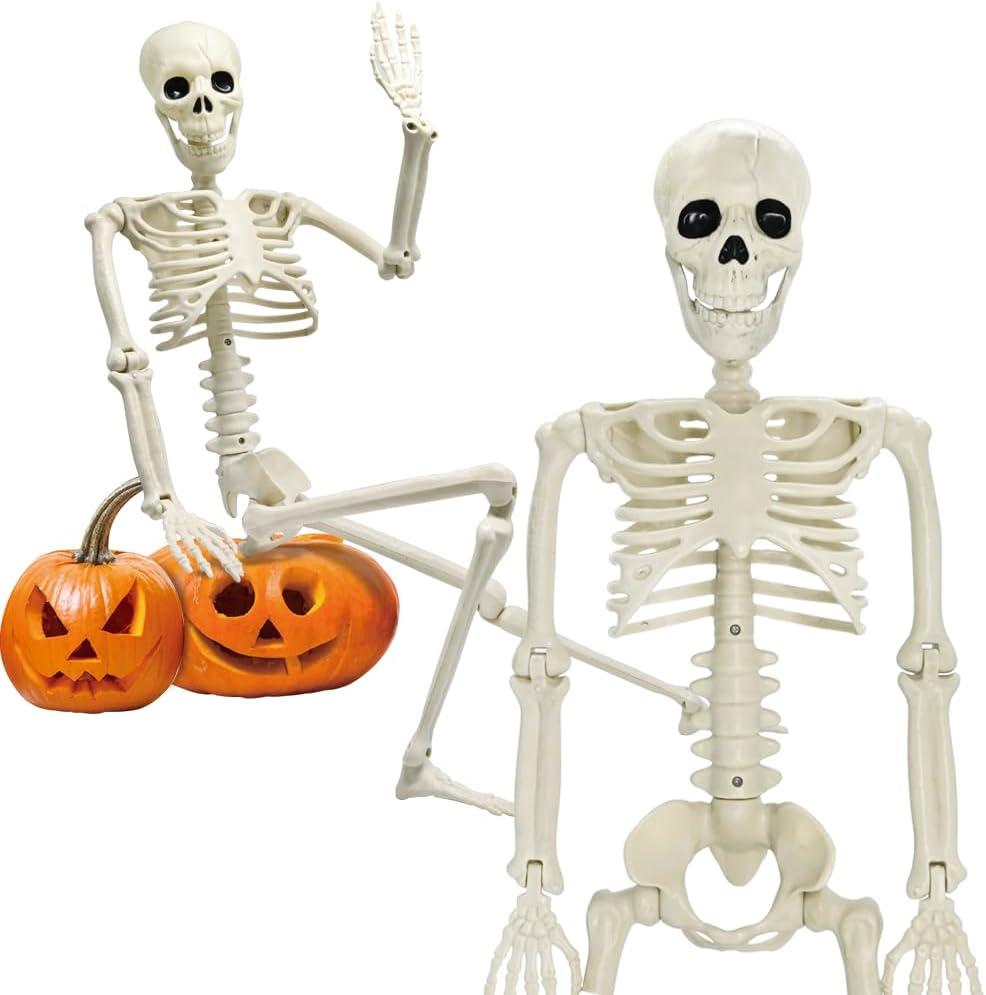 UMEELR 36in/3ft Life Size Posable Skeleton, Plastic Full Body with Movable Joints Skeleton for Halloween Party Prop Graveyard Haunted House Decorations