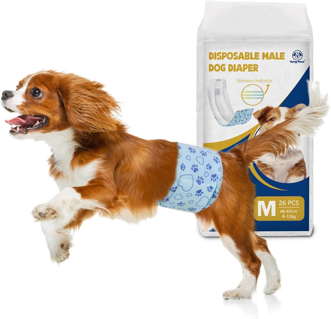 Male Dog Diapers with Wetness Indicator, Disposable Belly Band for Puppy Male Diapers, Doggie Wraps for Puppy Training, Incontinence (M, 26 Count)