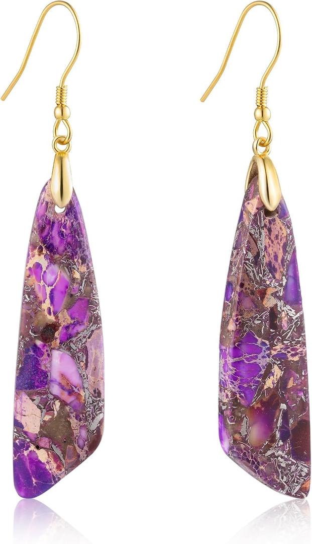 SELOVO Jasper Stone Earrings for Women Trendy Dangle Earrings Fishhook Drop Earrings (Purple&Brown-Gold Color Hook)