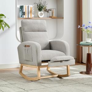 Rocking Chair Nursery Chairs with Foot Rest, Recliner Armchair with High Backrest& Wood Legs and Side Pocket for Living Room, Bedroom, Light Gray
