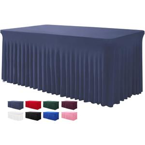BDDC Table Skirts for Rectangle Tables 6ft - One-Piece Navy Blue Tablecloths and Skirt, Wrinkle Resistant Ruffles Elastic Cover for Banquets, Weddings, Events, Parties