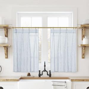 Taupe Striped Kitchen Pinch Pleat Small Curtains with Hooks 20x24 Inch Length for Bathroom Windows