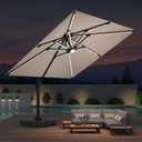 Deconk 10x10 FT Cantilever Patio Umbrella with Led Lights Double Top Outdoor Square Heavy Duty Offset Umbrellas 360Rotation Free-motion Track Tilt Windproof for Pool Deck Garden, Beige