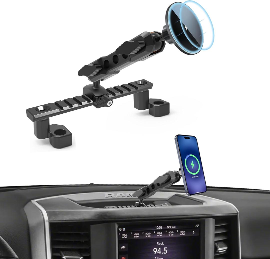 Dash Phone Charger Mount Compatible with 2019+ RAM Truck 1500/2500/3500 & TRX Accessories (NOT fit RAM Classic vehicle), Wireless Charging Phone Holder Widely Adjustable for iPhone 12-17 Series