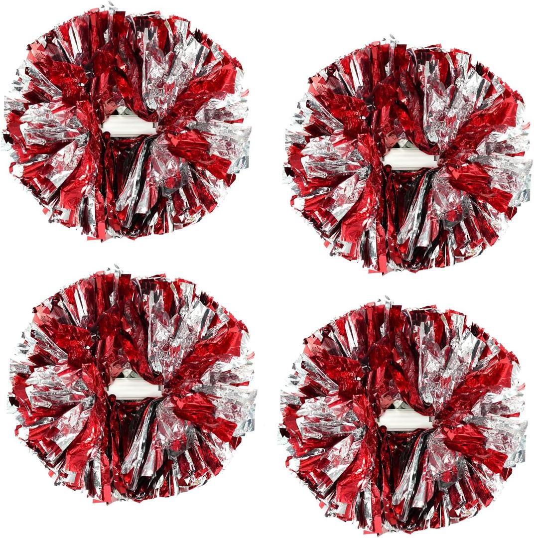 4Pcs Metallic Cheerleading Pom Poms, Creatiee 2 Pair Cheerleader Cheering Squad Pompoms for School Sports Dance Games Team Spirit Cheer (Red-Silver)