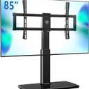 FITUEYES Universal TV Stand Mount for 43-80 85 inch TVs, Swivel Tall TV Mount Stand, Table Top TV Stand Base Replacement, Height Adjustable TV Table Stand, Glass Base, Max Holds 110lbs (Classic Black)