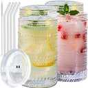 Ework4U 4 Pcs Iced Coffee Glasses Cups with Glass Lids and Straws,12 oz Thick Emboss Beaded Drinking Glass Cup Set, Latte Glasses, Ideal for Water, Soda, Gift with Cleaning Brushes