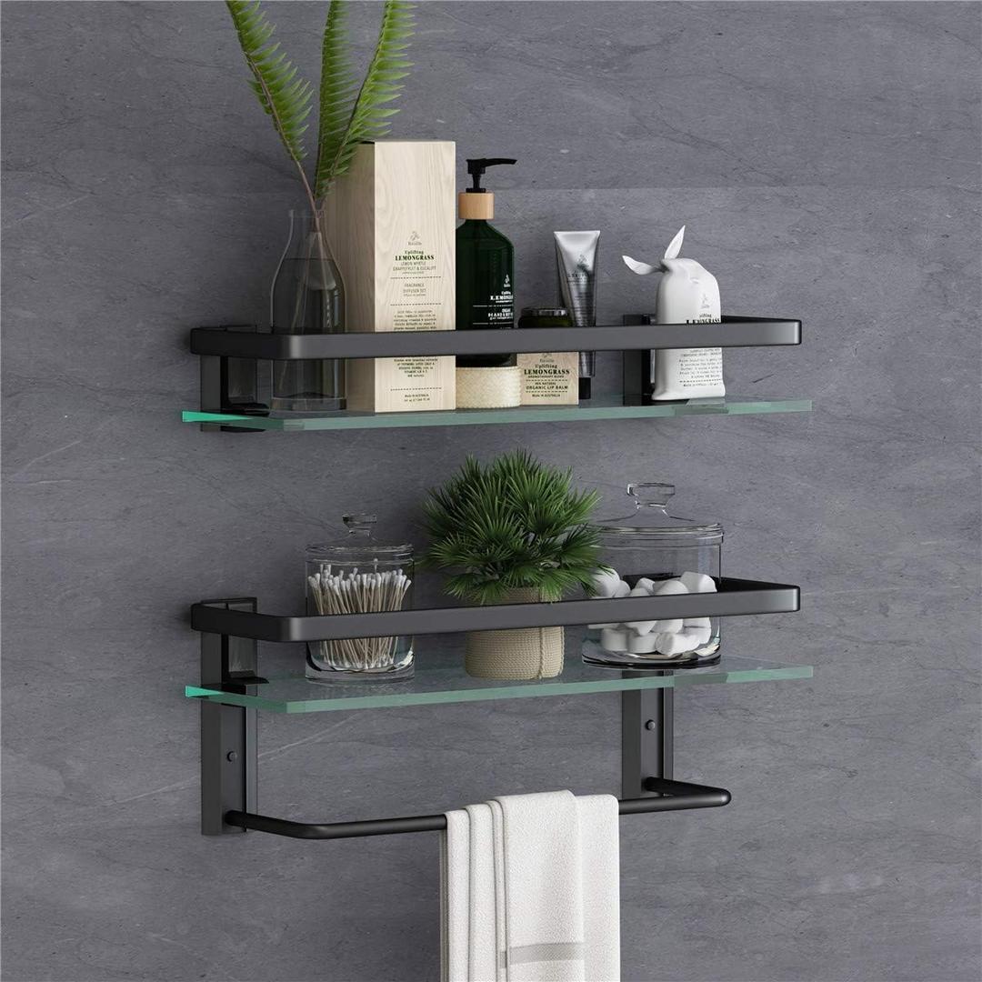 VOLPONE Glass Bathroom Shelf with Towel Bar 15.7in Bathroom Wall Shelves Rustproof Metal Bathroom Wall Organizer 2-Tier (Black)