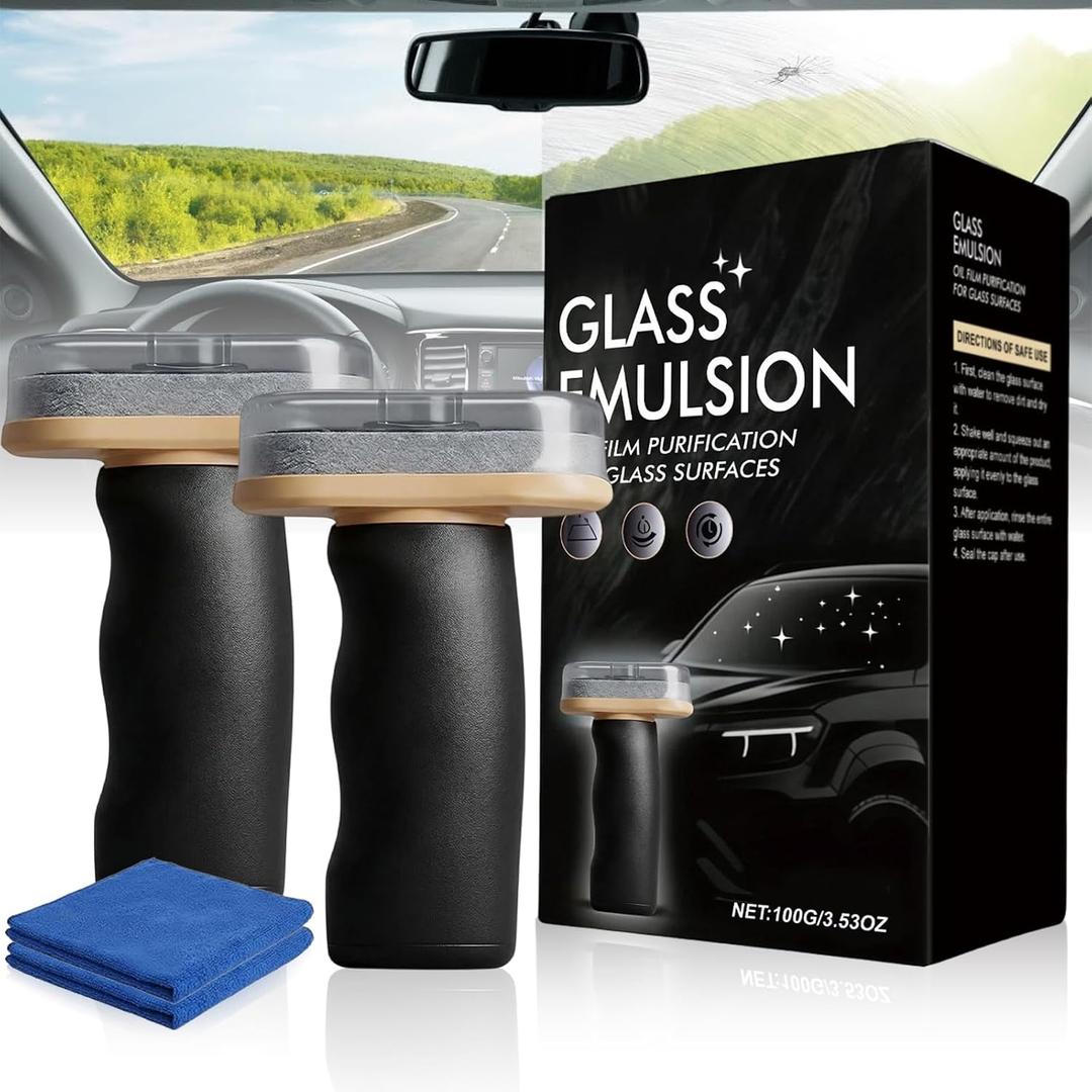 2Pcs Handheld Glass Oil-Film Remover, Upgrade Emulsion Cleaner Glass Cleaning Board, Automotive Glass Cleaner Oil Film Cleaning Brush for Car Windshields(Emulsion+Brush Board)