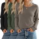 3 Pack Women's Waffle Knit Long Sleeve Shirts, Crew Neck Slim Fit Thermal Tops Casual Stretch Basic Pullover (XX-Large, Gray Coffee, Army Green, Black)