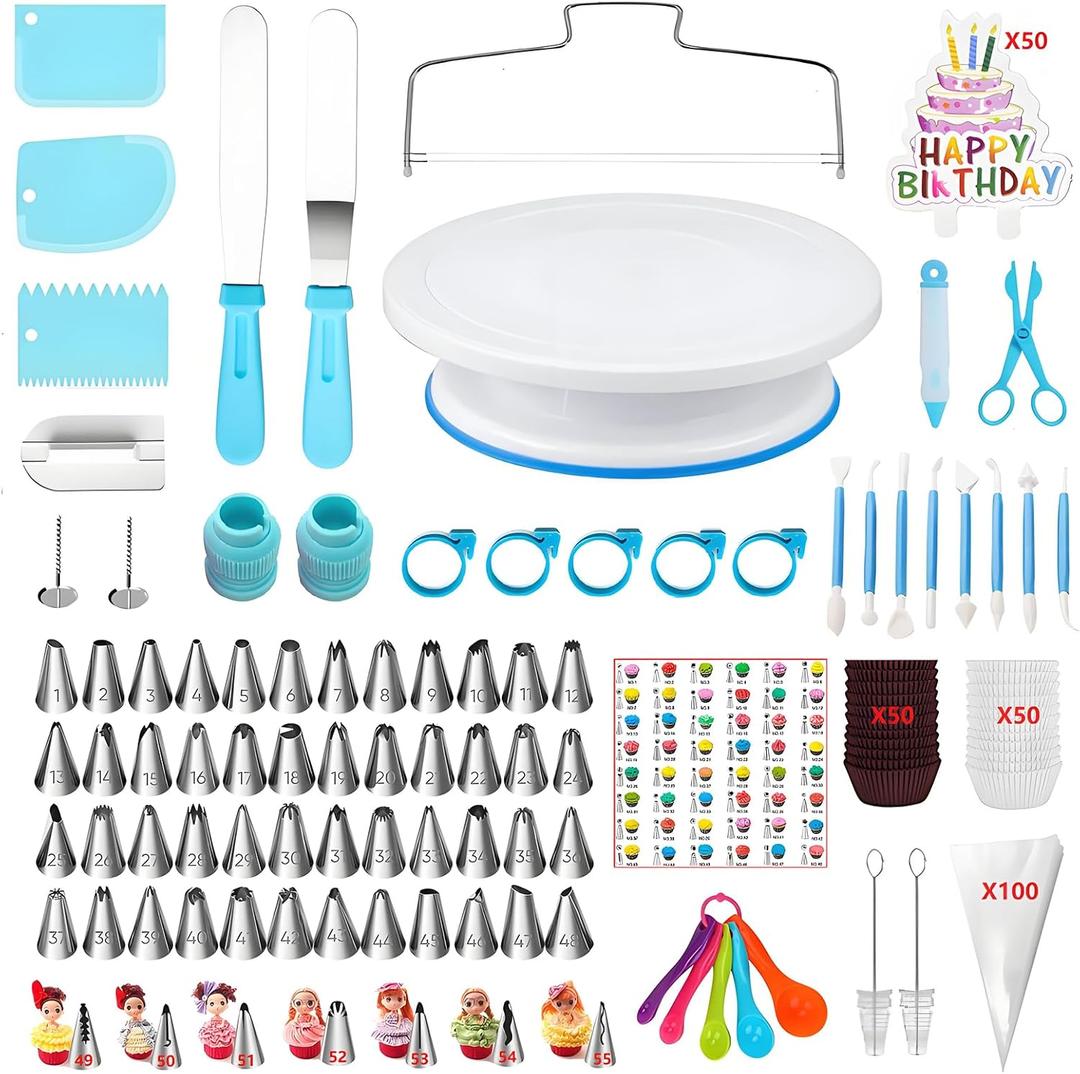 ANSLYQA Cake Decorating Kit, 340 Pcs with Cake Turntable, Leveler, 55 Numbered Icing+Skirt Tips, 2 Spatulas, 3 Scrapers, 2 Couplers, 100 Pastry Bags, 100 Cupcake Liners & More Baking Tools, (Blue)