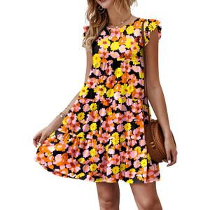 KIRUNDO Summer Dresses for Women Sundress Sleeveless Ruffle Sleeve Round Neck Loose Short Flowy Pleated Mini Babydoll Dress (XL)