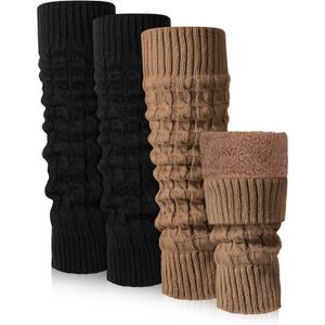 Shihanee 2 Pairs Winter Fleece Lined Leg Warmers for Women Warm Long Boot Socks Knit Thick Calf Warmers for Skating Walking(Black, Dark Khaki, Cable Knit)