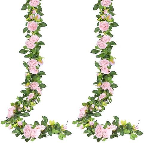 Sggvecsy 2Pcs 15.5Ft Artificial Rose Vine Fake Flower Garland Floral Garland Faux Silk Hanging Vine Rose Ivy Vines for Wedding Arch Party Wall Garden Ceremony Background Outdoor Decor (Pink)