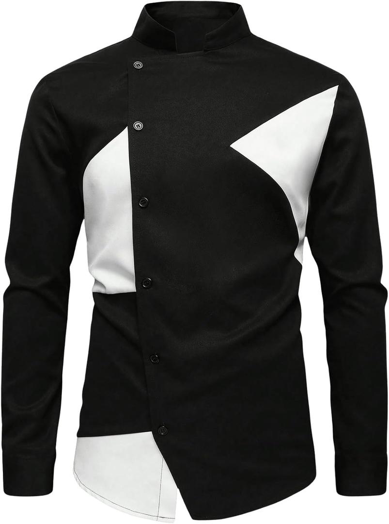 SweatyRocks Men's Button Down Dress Shirt Long Sleeve Business Casual Work Shirt (Large, Black and White)