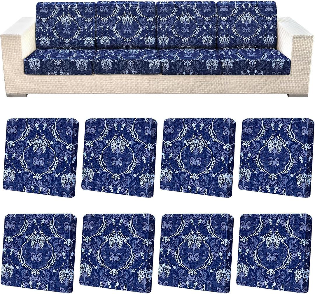 pickyNproud 8Pcs Patio Cushion Covers Stretch Outdoor Couch Cushions Slipcovers Replacement Washable Furniture Protector with Elastic Bottom Sofa Chair Seat Cover, Dark Blue