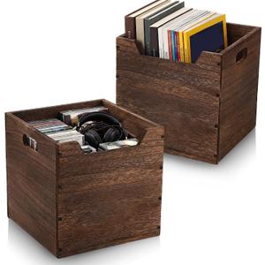 Colingmill 2 Pack Wooden Storage Box Bins Wood Crate with Open Front Stackable Cube Storage Organizer Bins for Books Records Home Pantry Clothes Toy Closet (11 Inch,Brown)