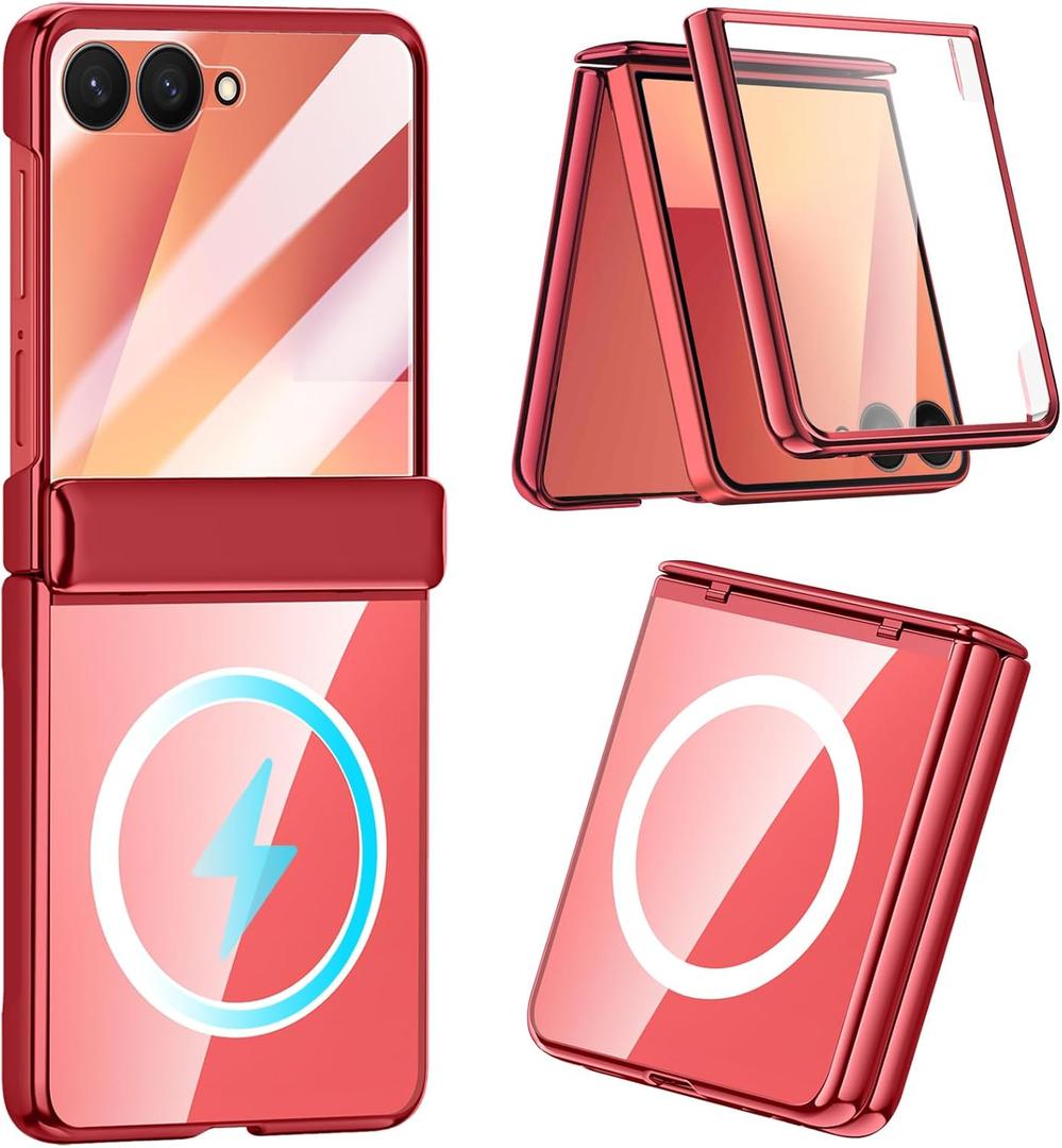YQODSZ for Samsung Galaxy Z Flip 7 2025 Magnetic Case, Clear Phone Case with Magsafe Accessories, Screen Protector, Hinge Cover, Anti-Yellow, Full-Body Slim Thin Red Case