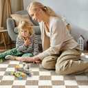 Checkered Area Rug 8'10' Brown Washable Large Living Room Rug Geometry Neutral Line Non-Slip Soft Bedroom Carpet Dining Room Nursery Home Office Indoor Decor