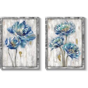 Blue Flower Wooden Artwork Framed: Bloom Wall Art Floral Painting Print for Dining Room (11''W x 16''H x 2 PCS, Multiple Sizes/Material)