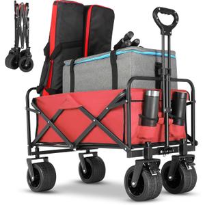 Beach Wagon,Collapsible Foldable Wagon Cart with Big Wheels,Utility Folding Grocery Lounge All Terrain Wagon with Side Pocket and Brakes for Sand Camping Sports Outdoor(Red).