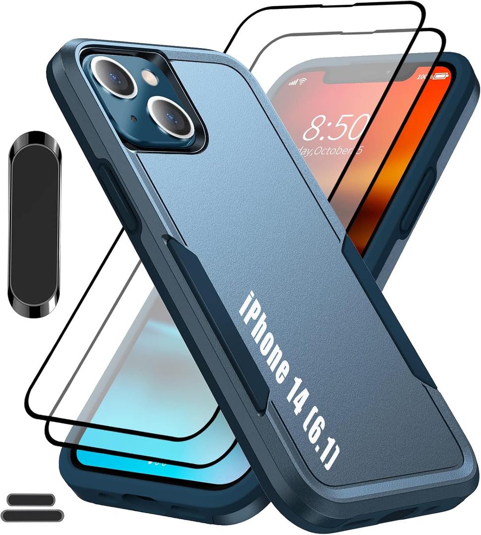for iPhone 14 6.1 Inch Double Layer Hybrid Military Grade Rugged Shock Resistant Drop Case with 1 PCS Magnetic Car Mount and 2 PCS HD Tempered Glass Screen Protector (Blue)
