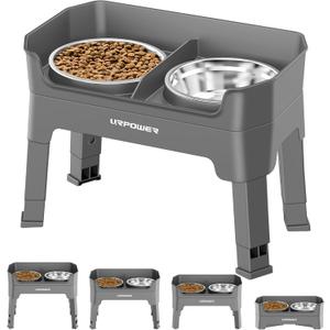 URPOWER 3-in-1 Elevated Dog Bowls - Mess Proof Double Deck 4 Height Adjustable Raised Stand with 2 Stainless Steel Food Bowls & Licking Plate for Small, Medium & Large Dogs (Gray)