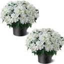 Artificial Hydrangea Flower Topiary Trees - 2 Sets Faux Silk Flower Potted Plant, UV Resistant Fake Outdoor Hydrangea Bush for Front Door, Farmhouse,Garden, Porch Decor (White)