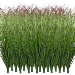 48 Bundles Artificial Plants Onion Grass Outdoor 17 Inch Tall Fake Shrubs Wheat Grass UV Resistant Greenery Stems Faux Bushes Plant for Indoor Outdoor Garden Office Home Decor（Green Red Tail）