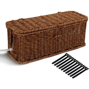 Cable Management Box, Desk Handwoven Rattan Cord Hider Cable Organizer Box With Lid Button Lock, Power Strip Cover Wicker Decorative Basket, Floor Wire Hiding Extension Cord Box (dark brown)