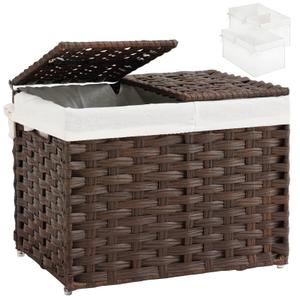 SETVSON Storage Basket with Lid Woven Wicker Baskets with 2 Separate Lid, 9.2 Gallon (35 L) Wicker Storage Bins with Handles, Foldable and 2 Removable Liner Bags for Bedroom, Laundry Room Brown