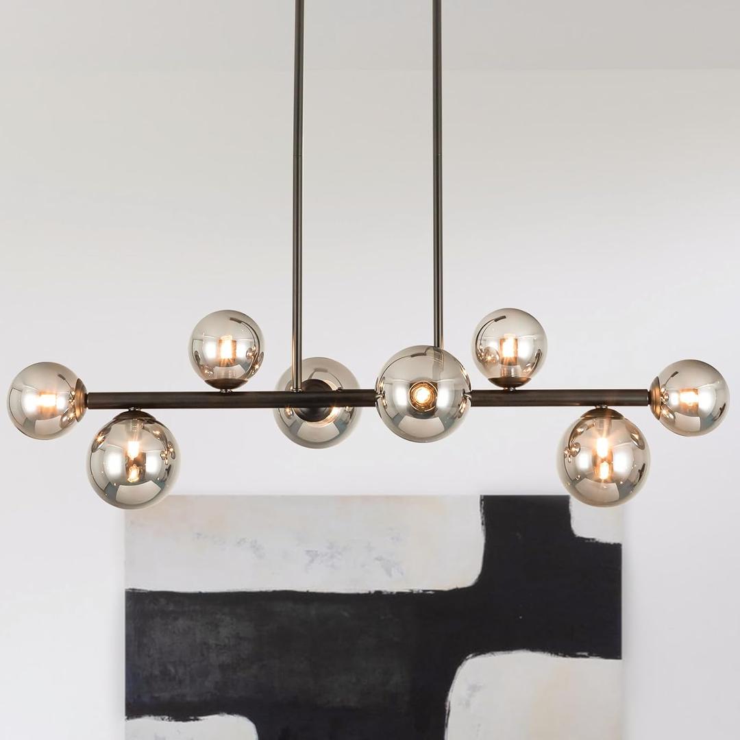Jonsi Dining Room Light Fixture Over Table, Mid Century Chandeliers, Modern 8 Lights Smoke Grey Globe Glass Linear Chandelier Adjustable Ceiling Hanging for Living Dining Room Kitchen Island, Black