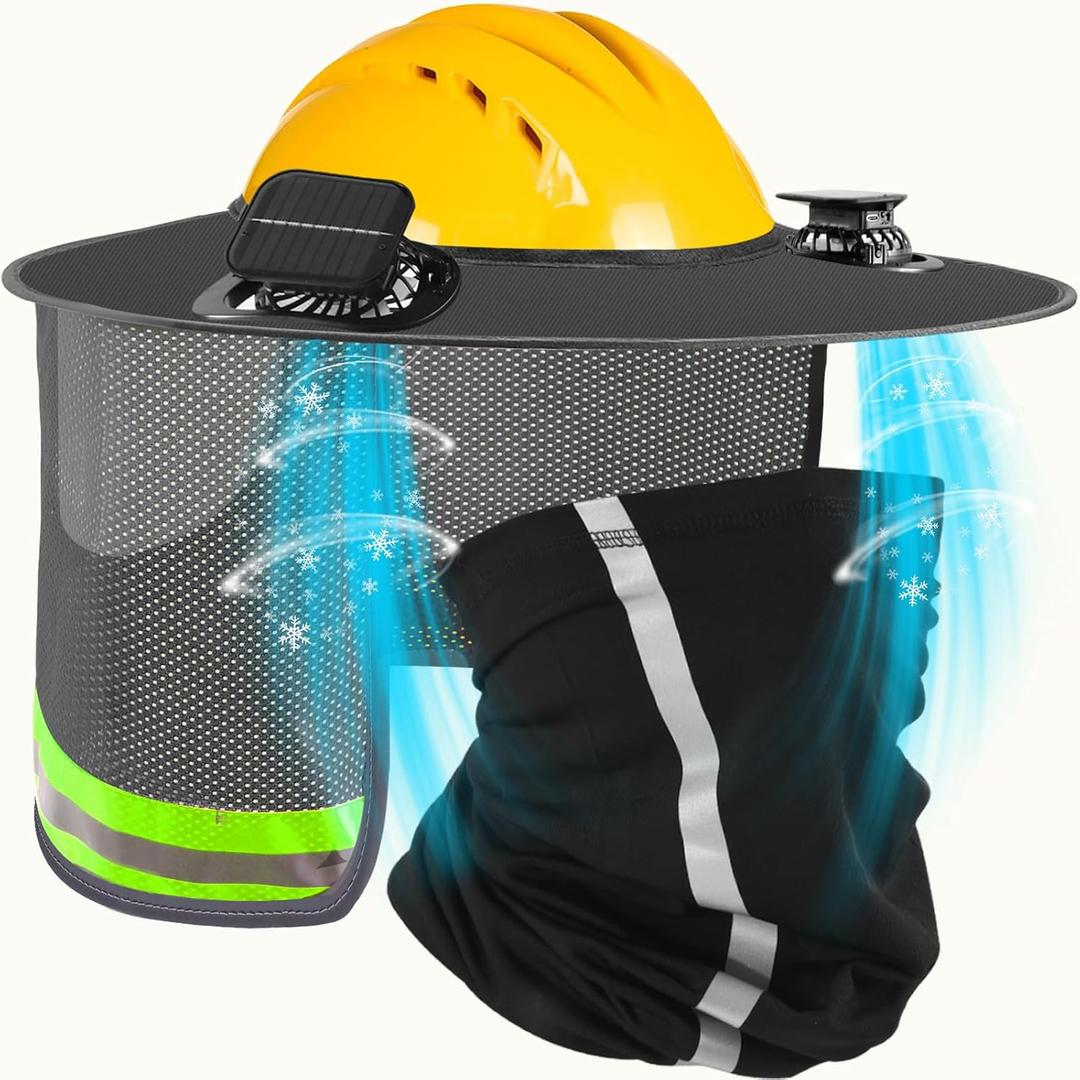 Hard Hat Sun Shade with Dual Solar Fan, Detachable Full Brim Visor with Neck Protection, High Visibility Mesh Sun Shield with Reflective Strip for Summer Protection Accessories