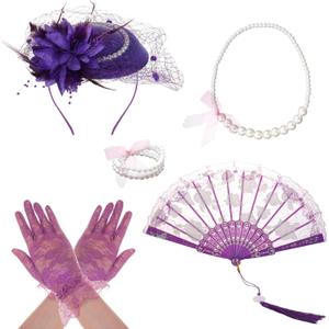Fumwase 5Pcs Tea Party Accessories Set for Women Afternoon Tea Accessories Kit Gloves Hats Necklace Fan Bracelet