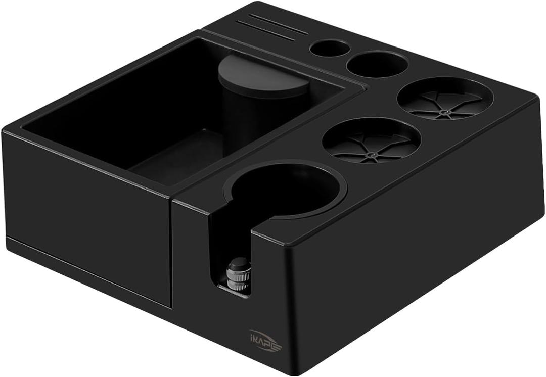 IKAPE Espresso Knock Box, Espresso Coffee Organizer Box Fit for Storage 51, 54, 58MM Espresso Tamper, Distributor, Portafilter & Puck Screen Accessories, Plastic Station Base(Black) (23.7X23.7X8.6CM)