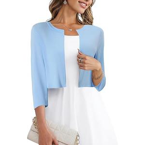 Women's 3/4 Sleeve Open Front Knit Cropped Bolero Shrug Cardigan Sweater for Women, M, Blue