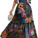 GothDark Women's Floral Maxi Dress Tiered Ruffle Mesh A-Line Sweetheart Neckline Boho Beach Casual Wedding Guest Dresses, XL