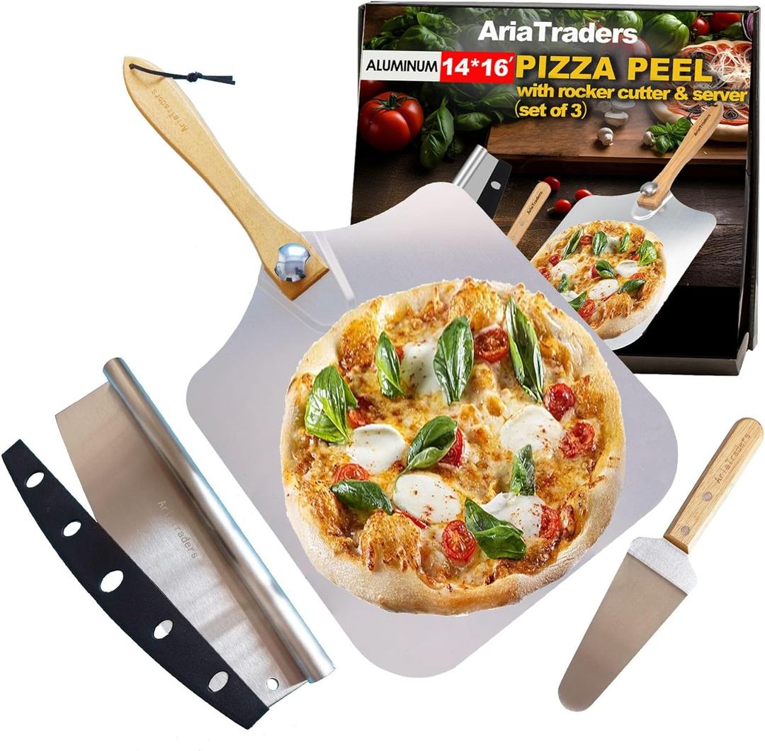 Aluminum Metal Pizza Peel 16 Inch, Extra Large Pizza Paddle (14"X 16") With 14 Pizza Cutter Rocker & 10 Pizza Server, Pizza Spatula Paddle With Foldable Wooden Handle For Easy Storage