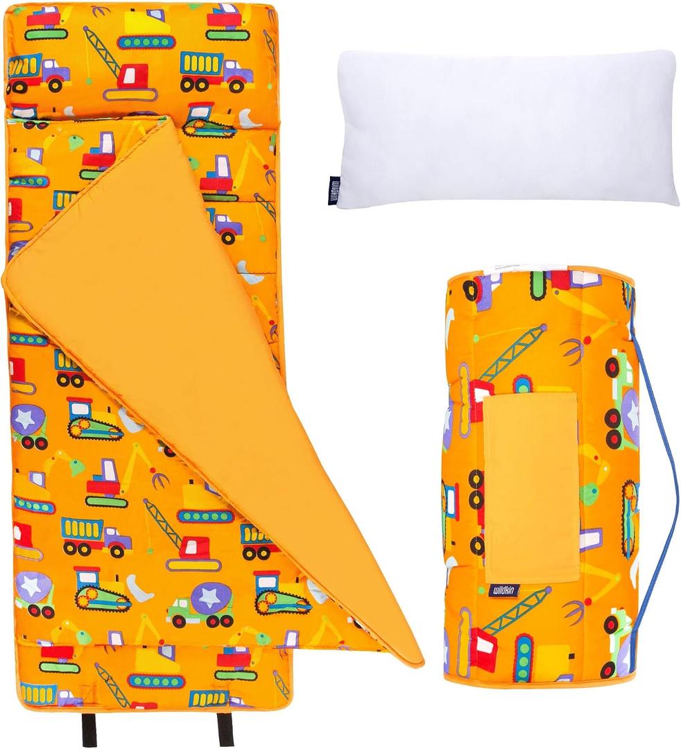 Wildkin Microfiber Nap Mat for Kids 50 x 20 in all-in-one microfiber nap mat with attached blanket, removable pillow, roll-up straps and carry handle, Under Construction