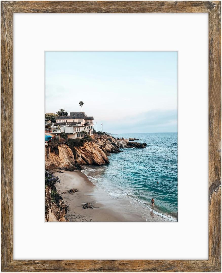 Frametory, 16x20 Frames Display 11x14 Picture With Mat or 16x20 Photo Without Mat, Shatter-Resistant Glass, Pre-Installed Wall Mounting Hardware - Rustic Brown